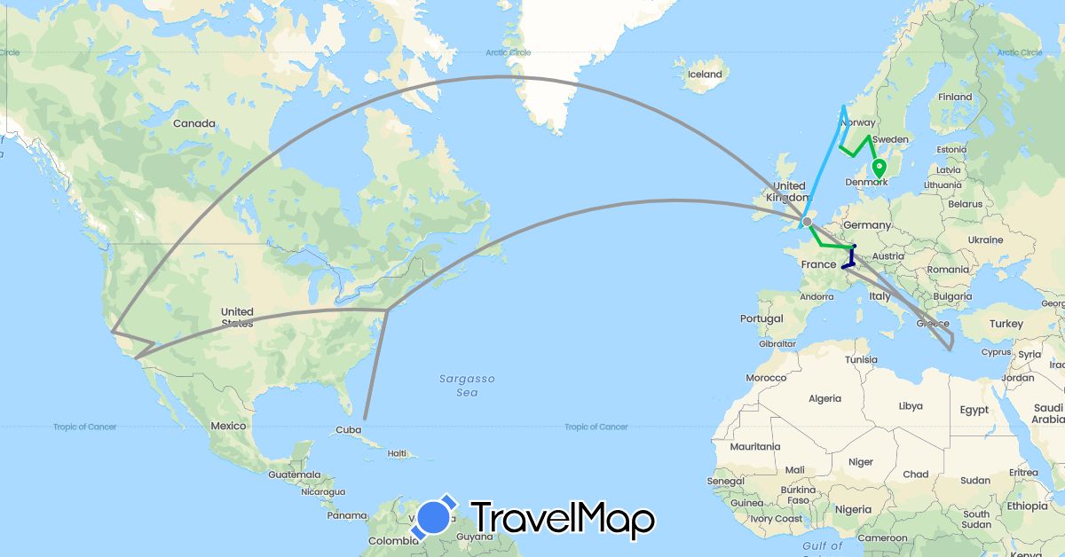 TravelMap itinerary: driving, bus, plane, boat in Bahamas, Switzerland, Germany, Denmark, France, United Kingdom, Greece, Norway, Sweden, United States (Europe, North America)